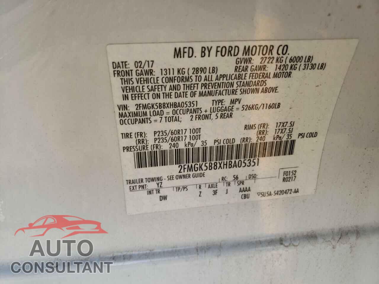 FORD FLEX 2017 - 2FMGK5B8XHBA05351