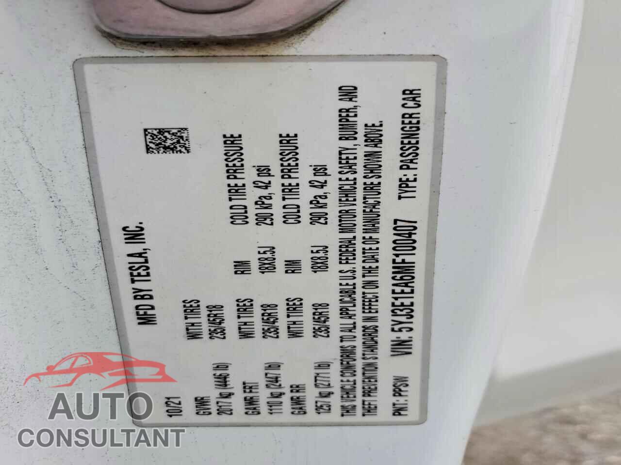 TESLA MODEL 3 2021 - 5YJ3E1EA6MF100407