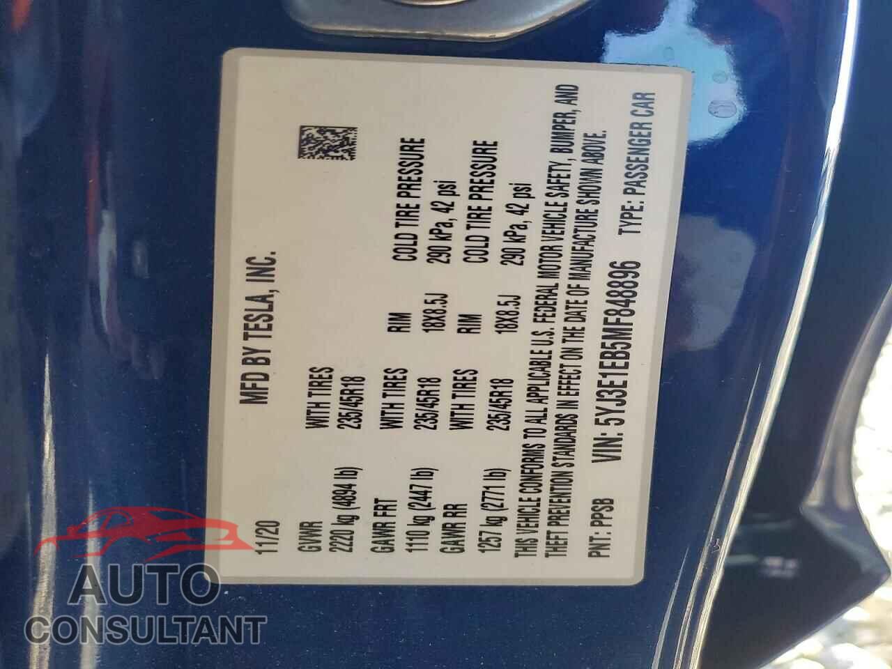 TESLA MODEL 3 2021 - 5YJ3E1EB5MF848896