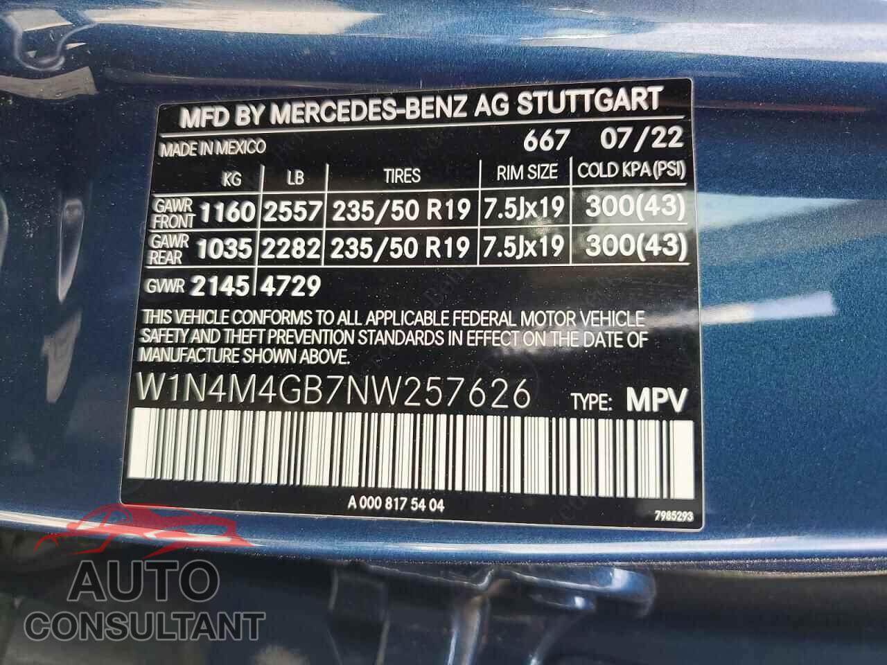 MERCEDES-BENZ GLB-CLASS 2022 - W1N4M4GB7NW257626