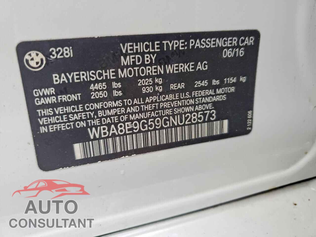 BMW 3 SERIES 2016 - WBA8E9G59GNU28573