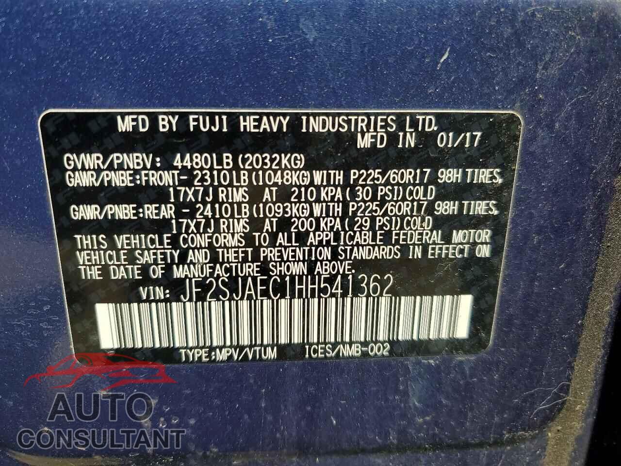 SUBARU FORESTER 2017 - JF2SJAEC1HH541362