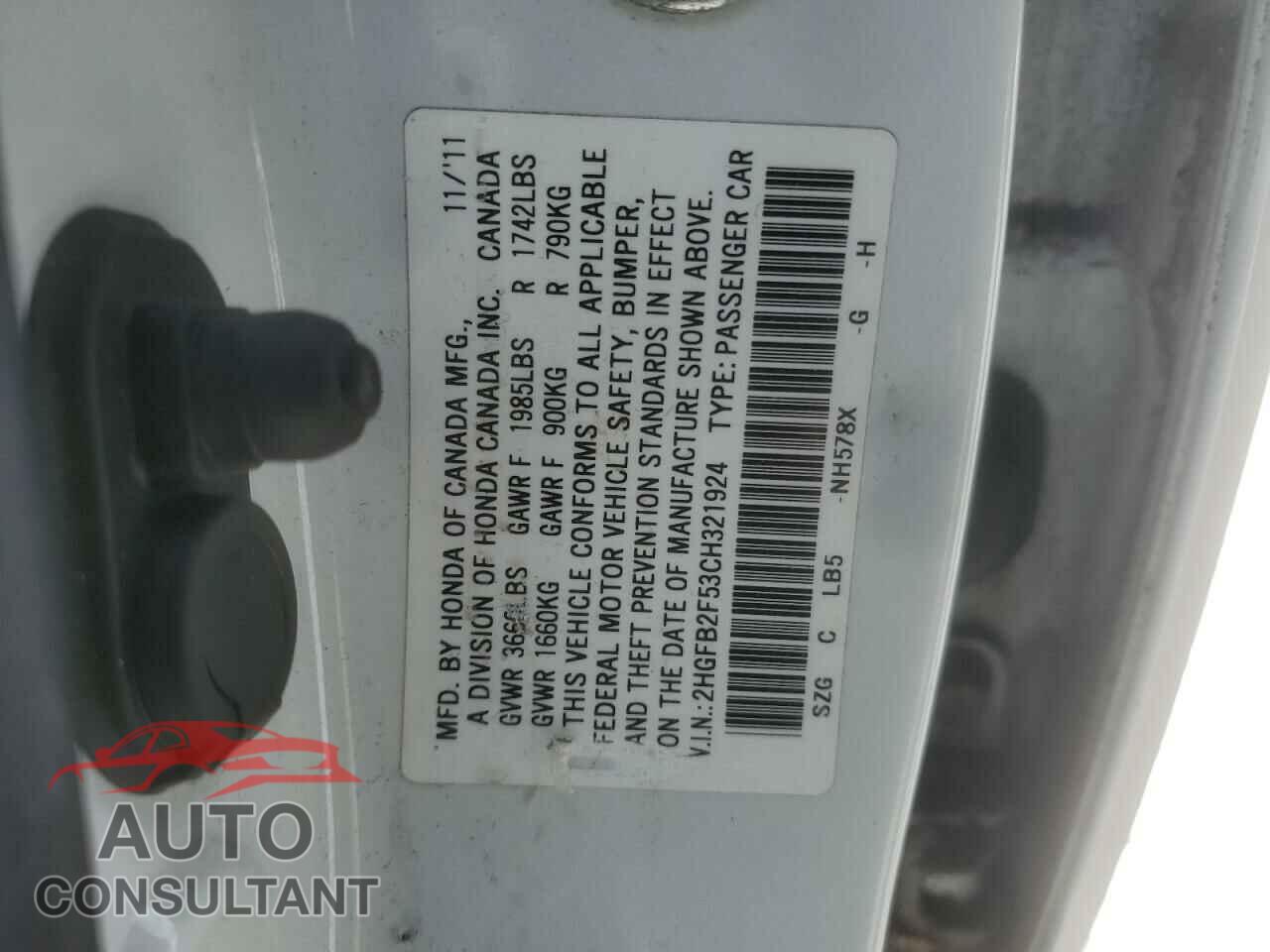 HONDA CIVIC 2012 - 2HGFB2F53CH321924