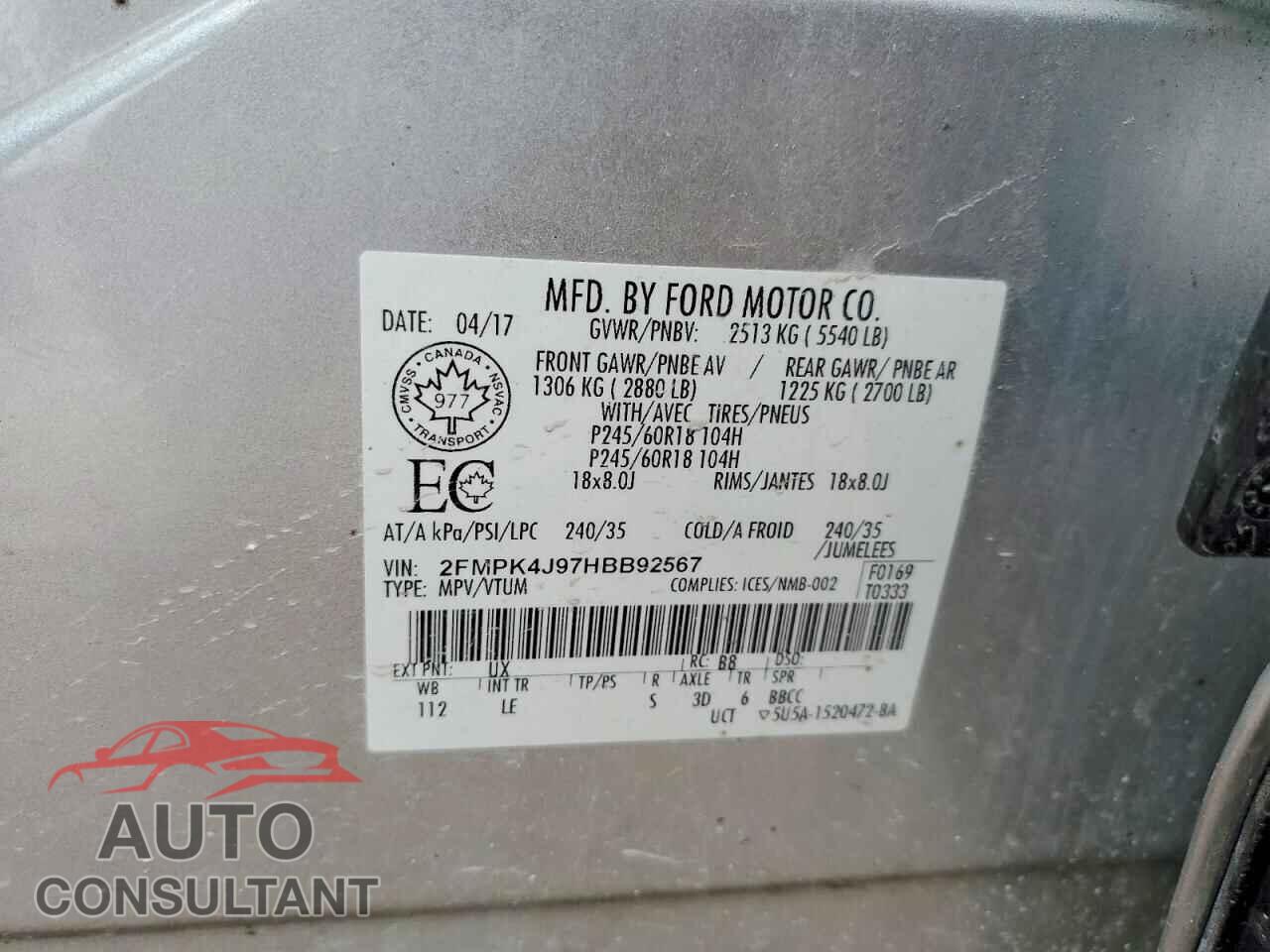 FORD EDGE 2017 - 2FMPK4J97HBB92567