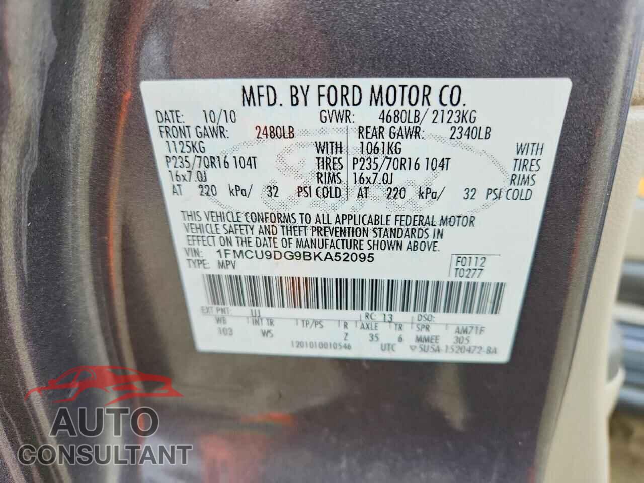FORD ESCAPE 2011 - 1FMCU9DG9BKA52095