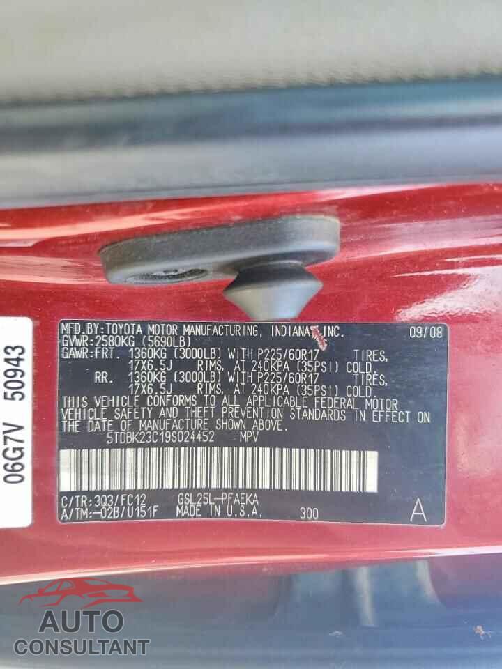 TOYOTA SIENNA 2009 - 5TDBK23C19S024452