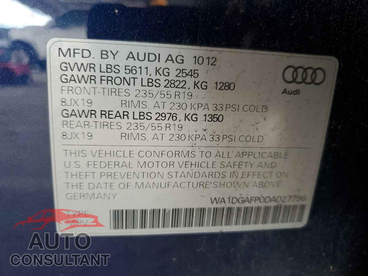 AUDI Q5 2013 - WA1DGAFP0DA027796