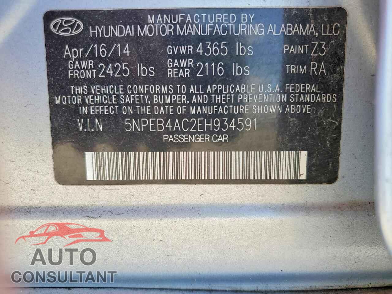 HYUNDAI SONATA 2014 - 5NPEB4AC2EH934591