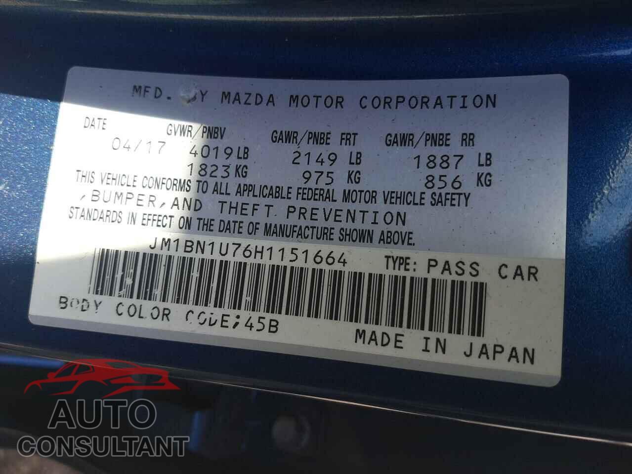 MAZDA 3 2017 - JM1BN1U76H1151664