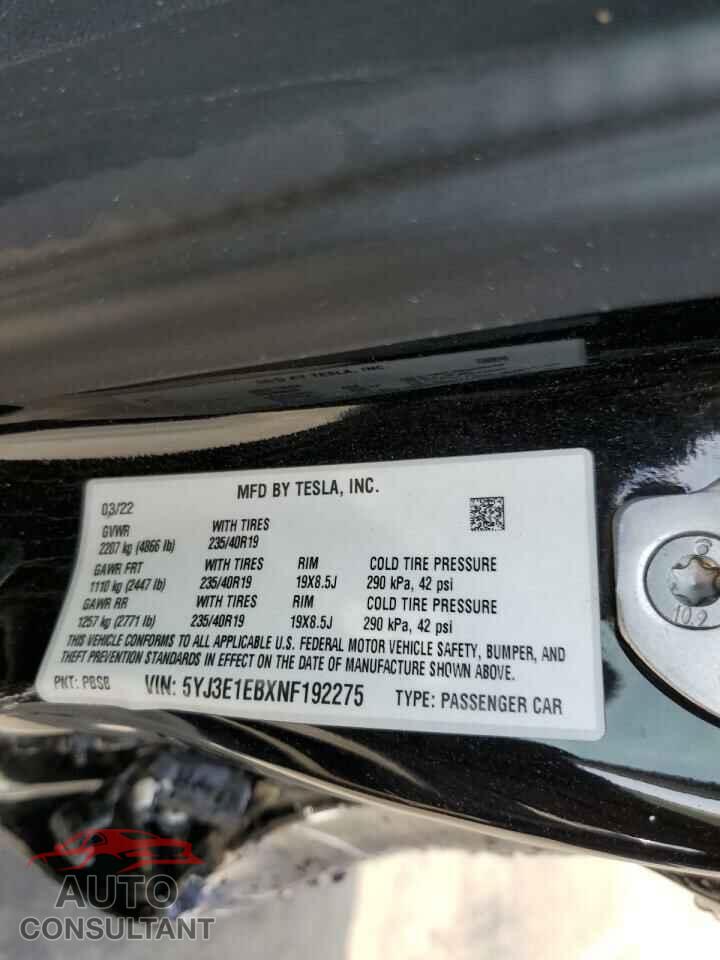 TESLA MODEL 3 2022 - 5YJ3E1EBXNF192275