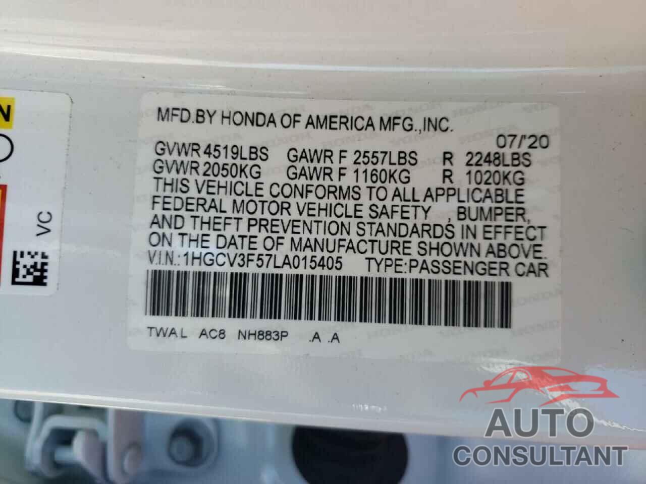 HONDA ACCORD 2020 - 1HGCV3F57LA015405