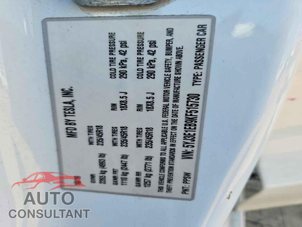 TESLA MODEL 3 2019 - 5YJ3E1EB9KF515730