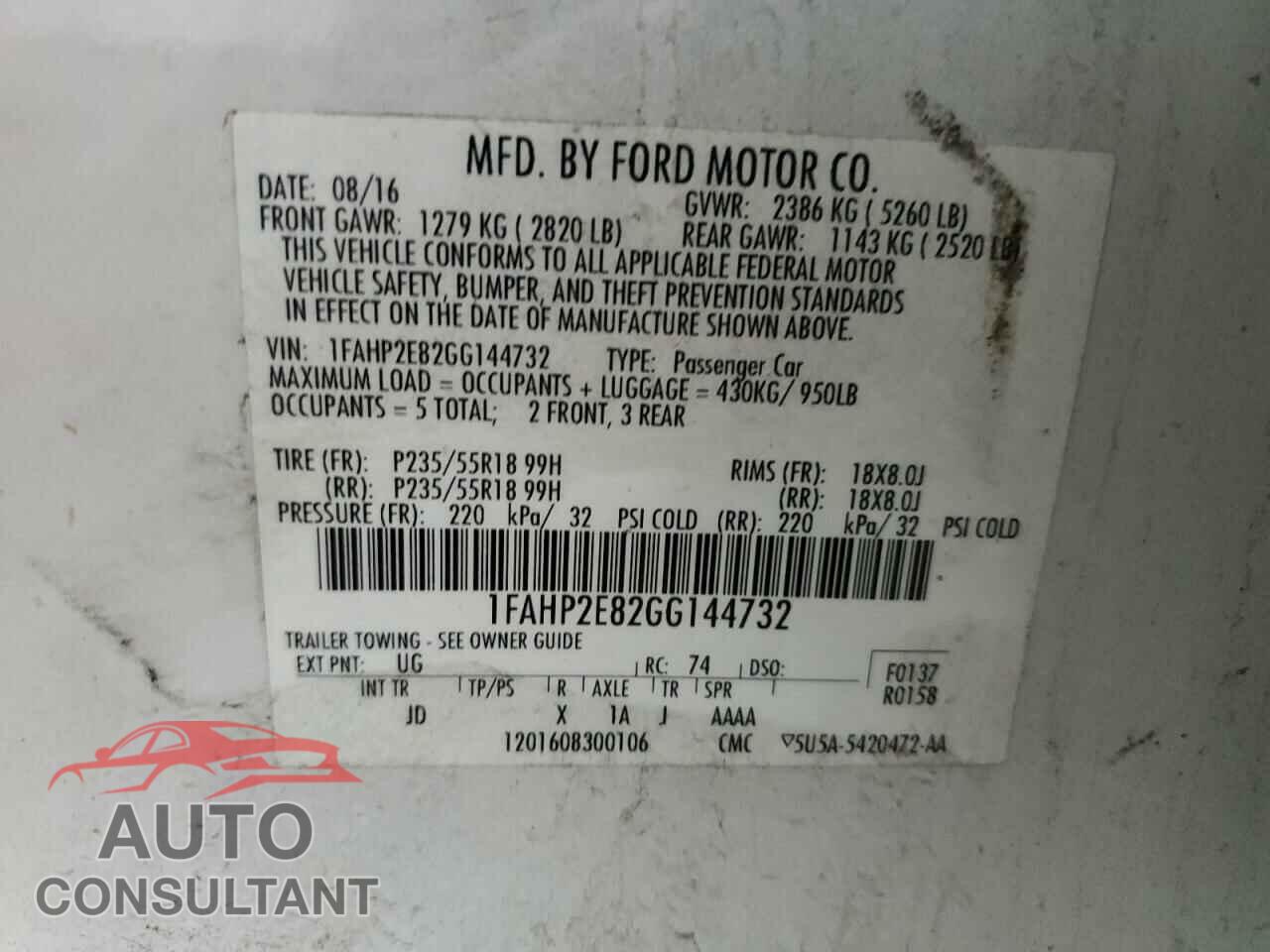FORD TAURUS 2016 - 1FAHP2E82GG144732