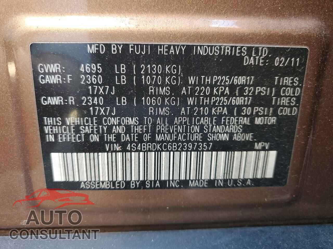 SUBARU OUTBACK 2011 - 4S4BRDKC6B2397357