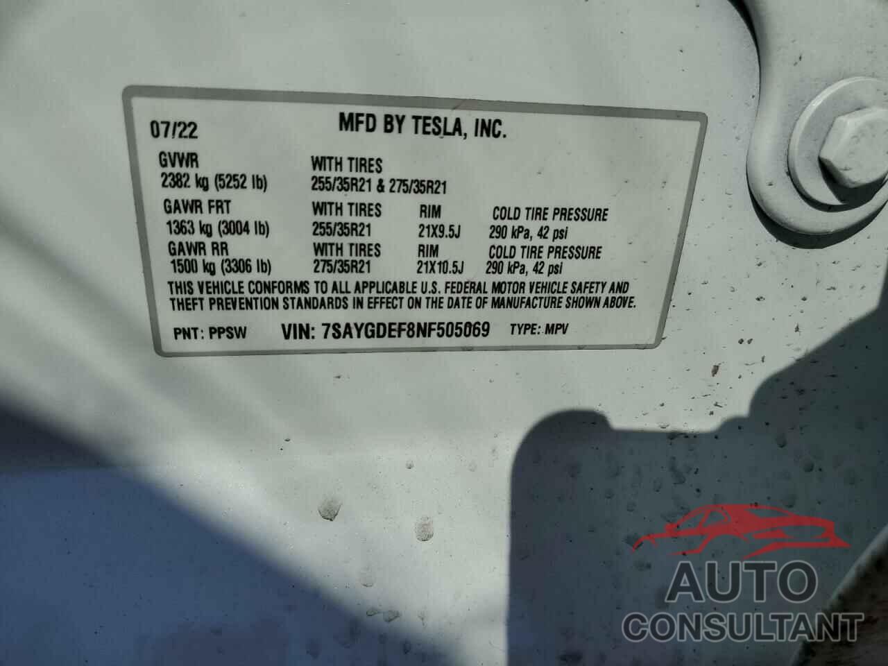 TESLA MODEL Y 2022 - 7SAYGDEF8NF505069