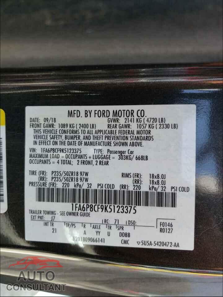 FORD MUSTANG 2019 - 1FA6P8CF9K5123375