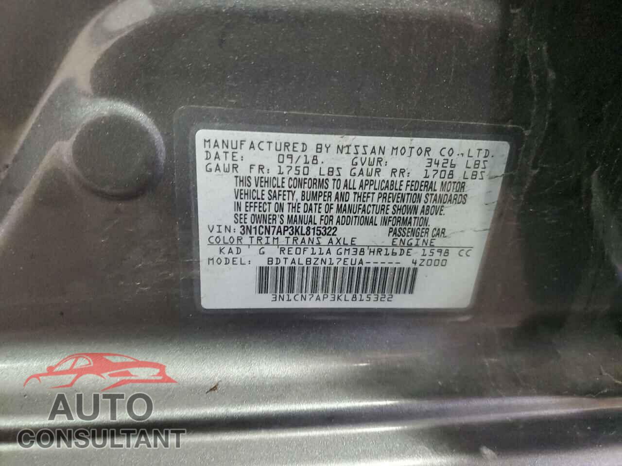 NISSAN VERSA 2019 - 3N1CN7AP3KL815322