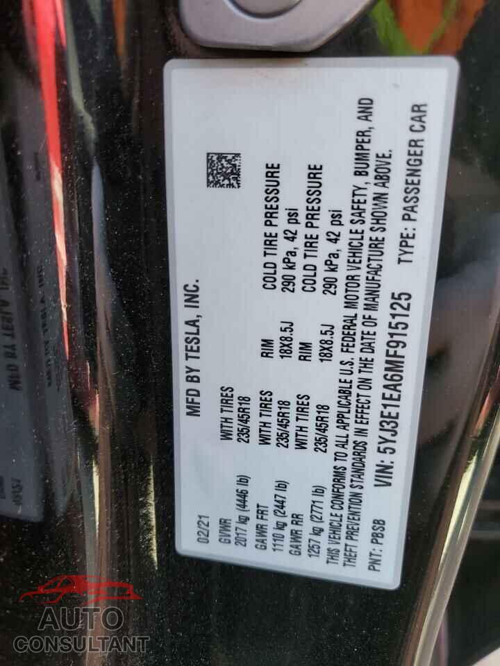 TESLA MODEL 3 2021 - 5YJ3E1EA6MF915125