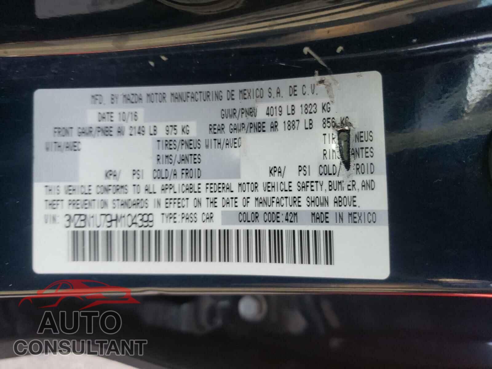 MAZDA 3 2017 - 3MZBN1U79HM104399