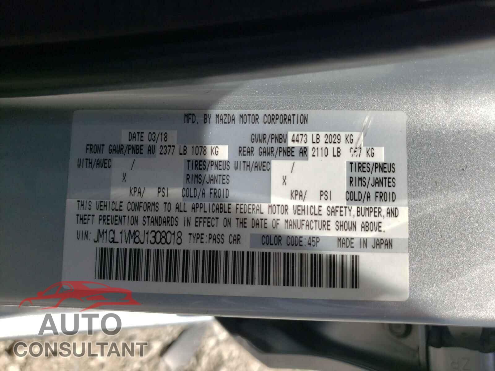 MAZDA 6 2018 - JM1GL1VM8J1308018