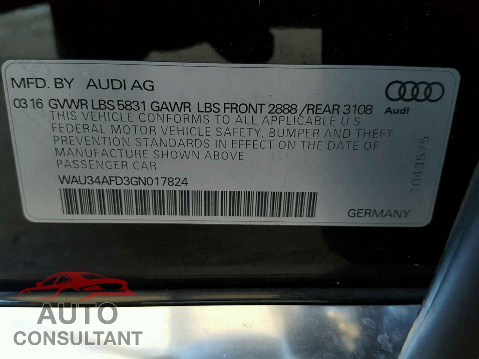 AUDI A8 2016 - WAU34AFD3GN017824