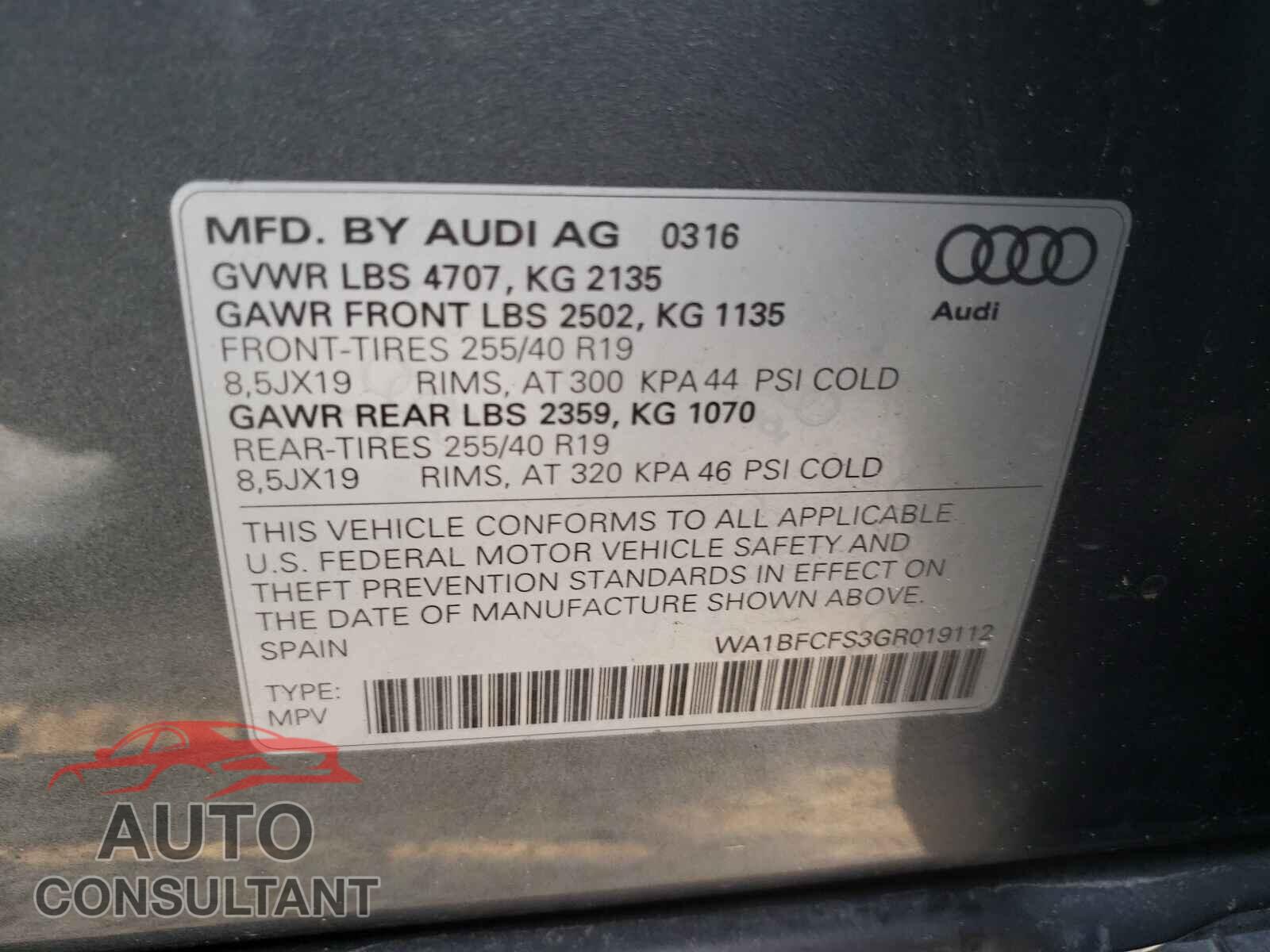 AUDI Q3 2016 - WA1BFCFS3GR019112
