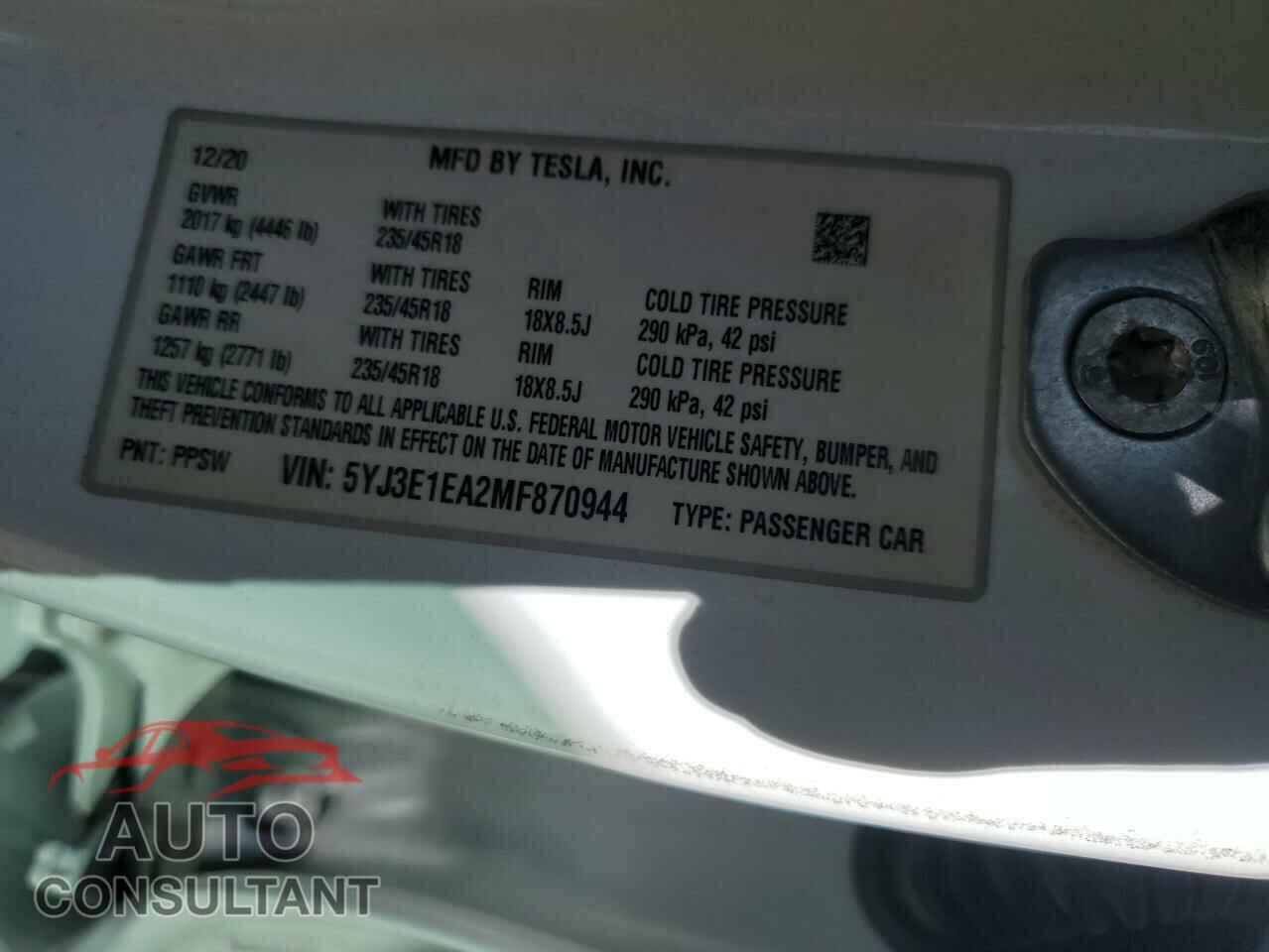 TESLA MODEL 3 2021 - 5YJ3E1EA2MF870944