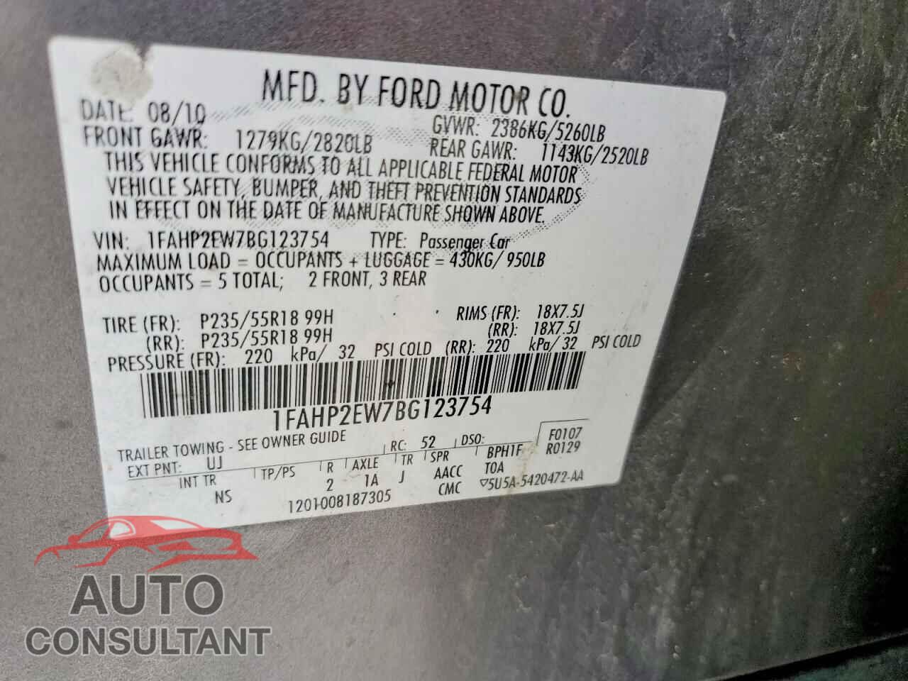 FORD TAURUS 2011 - 1FAHP2EW7BG123754