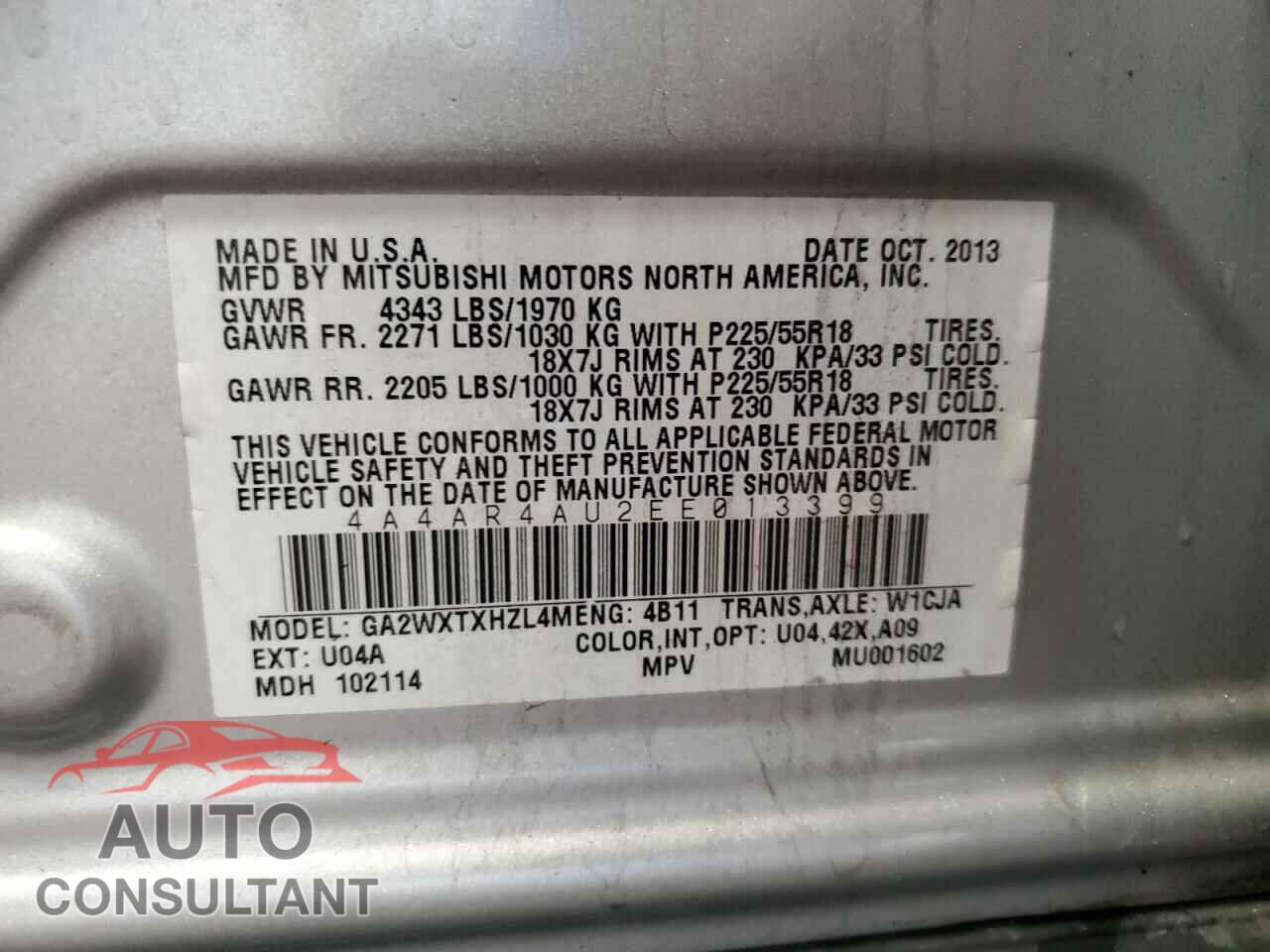 MITSUBISHI OUTLANDER 2014 - 4A4AR4AU2EE013399