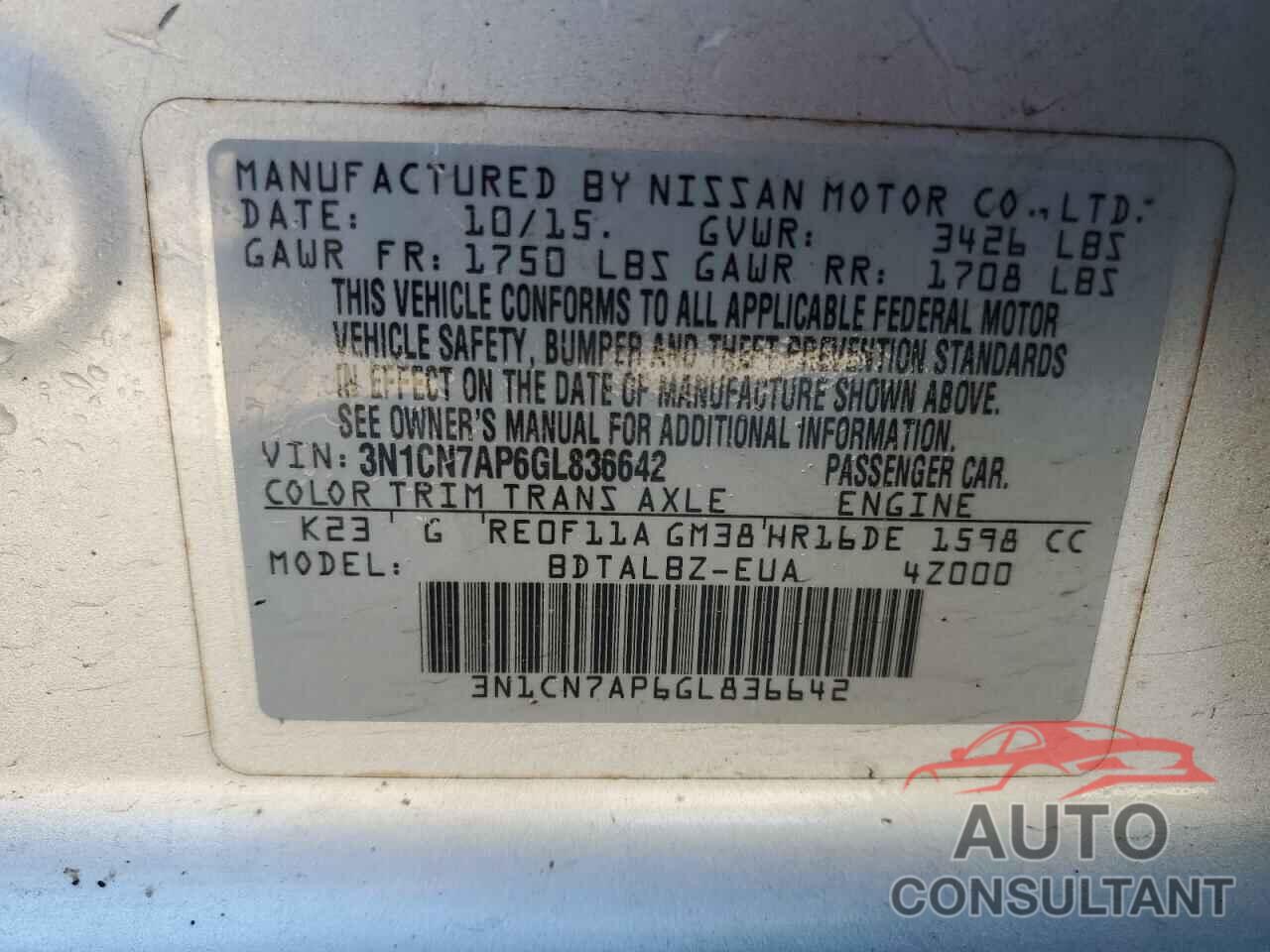 NISSAN VERSA 2016 - 3N1CN7AP6GL836642