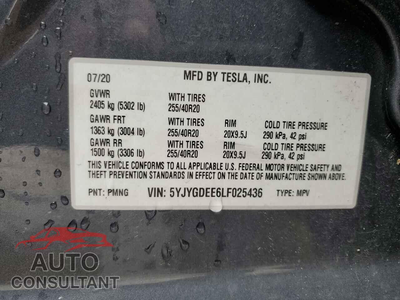 TESLA MODEL Y 2020 - 5YJYGDEE6LF025436