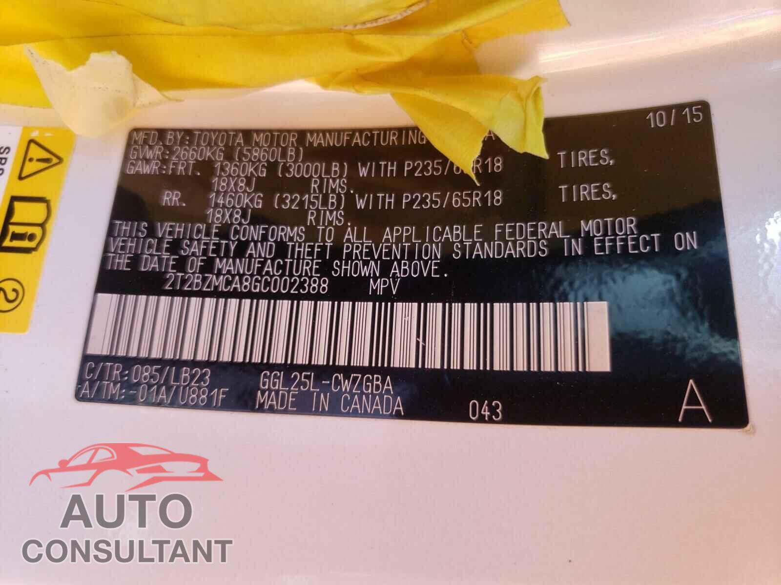 LEXUS RX350 2016 - 2T2BZMCA8GC002388