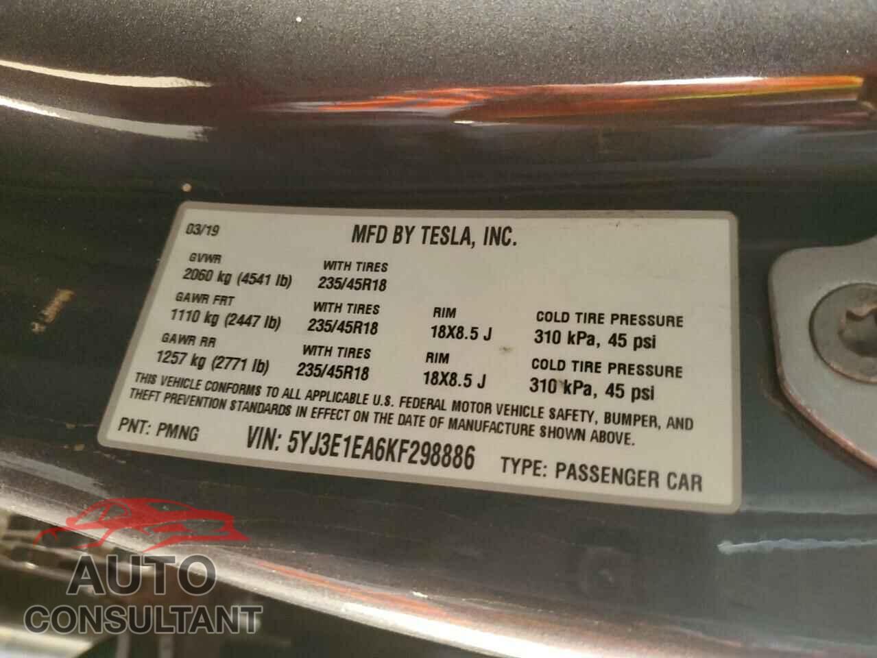 TESLA MODEL 3 2019 - 5YJ3E1EA6KF298886