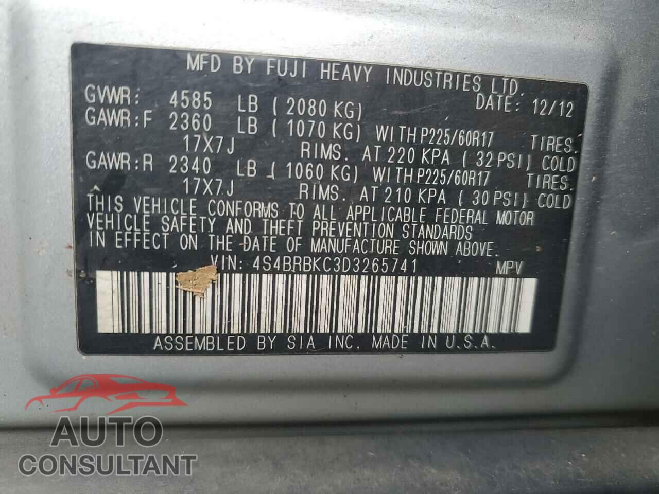 SUBARU OUTBACK 2013 - 4S4BRBKC3D3265741
