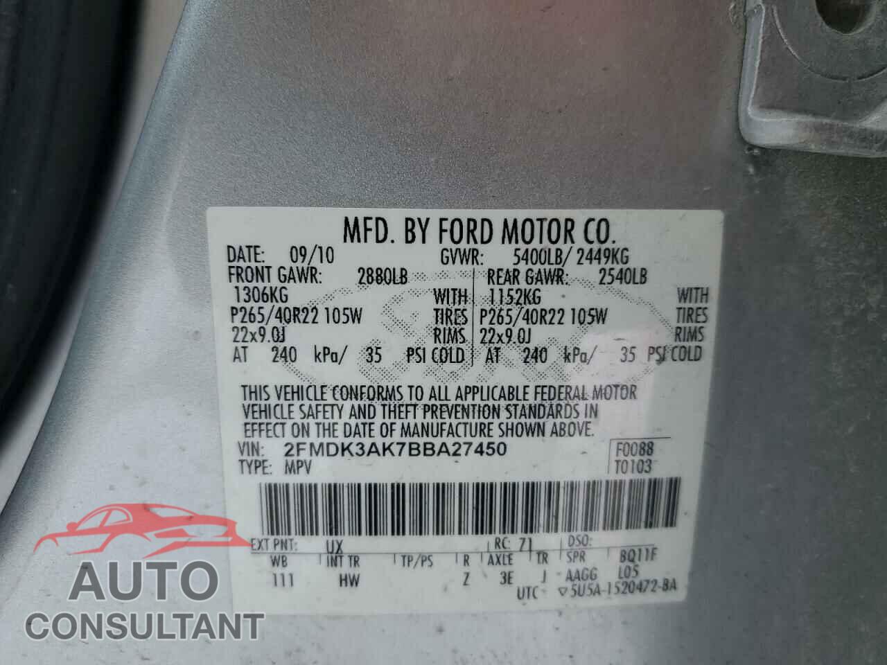 FORD EDGE 2011 - 2FMDK3AK7BBA27450