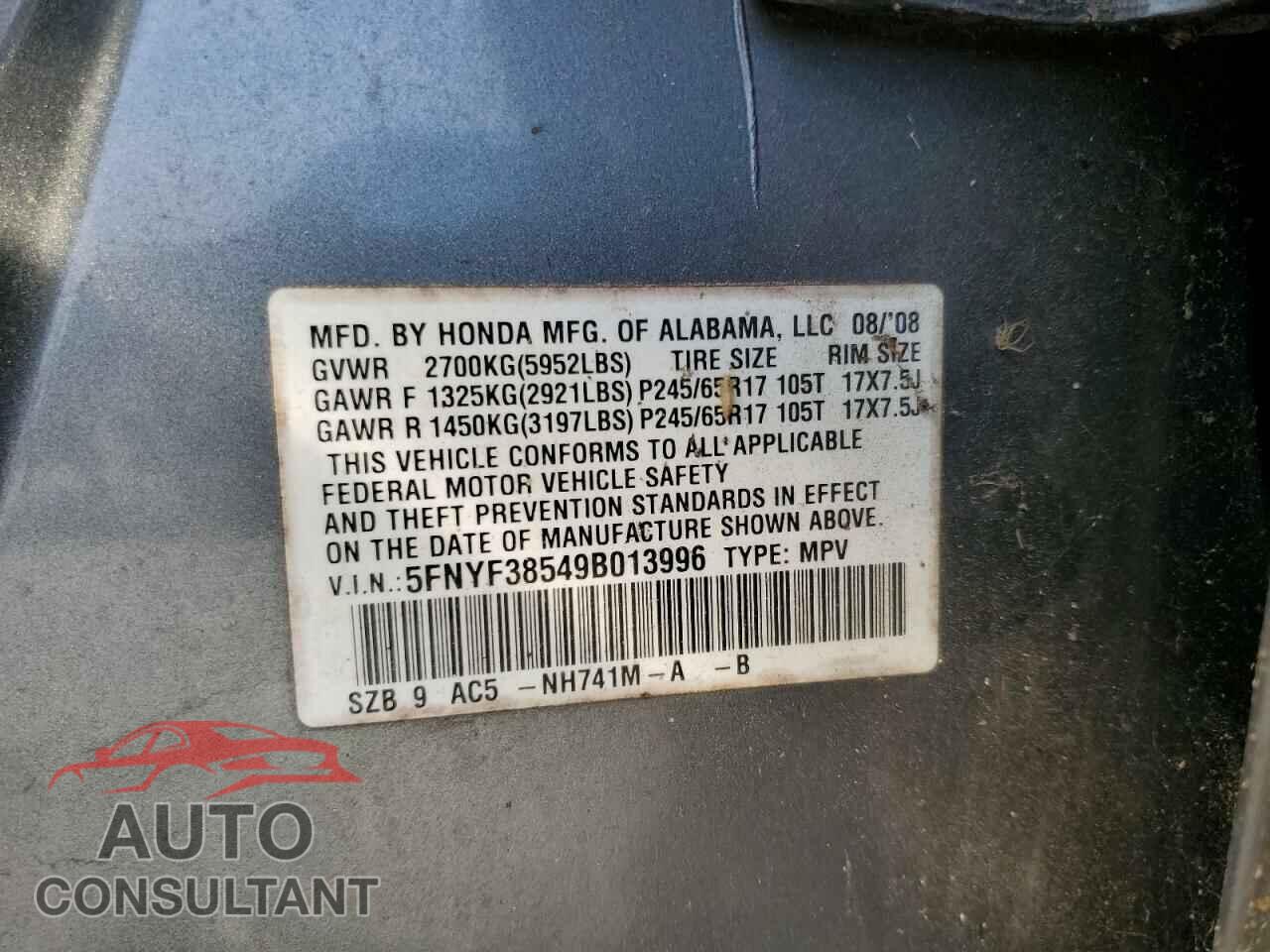 HONDA PILOT 2009 - 5FNYF38549B013996