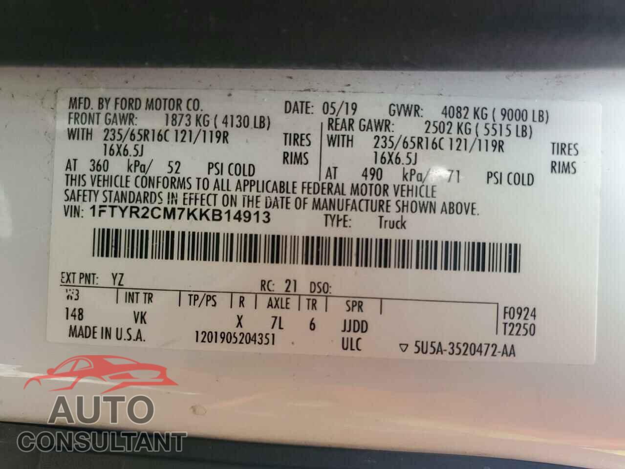 FORD TRANSIT 2019 - 1FTYR2CM7KKB14913