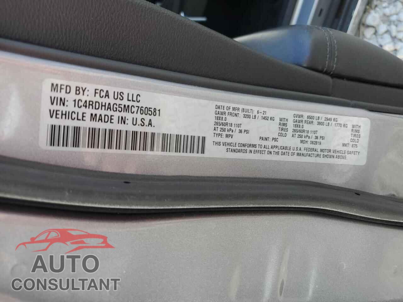 DODGE DURANGO 2021 - 1C4RDHAG5MC760581