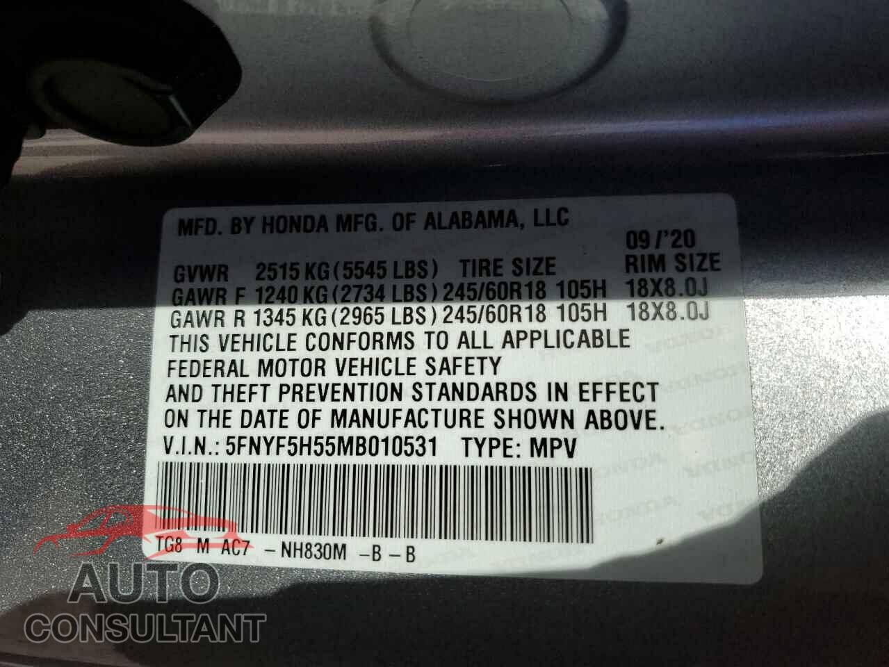 HONDA PILOT 2021 - 5FNYF5H55MB010531
