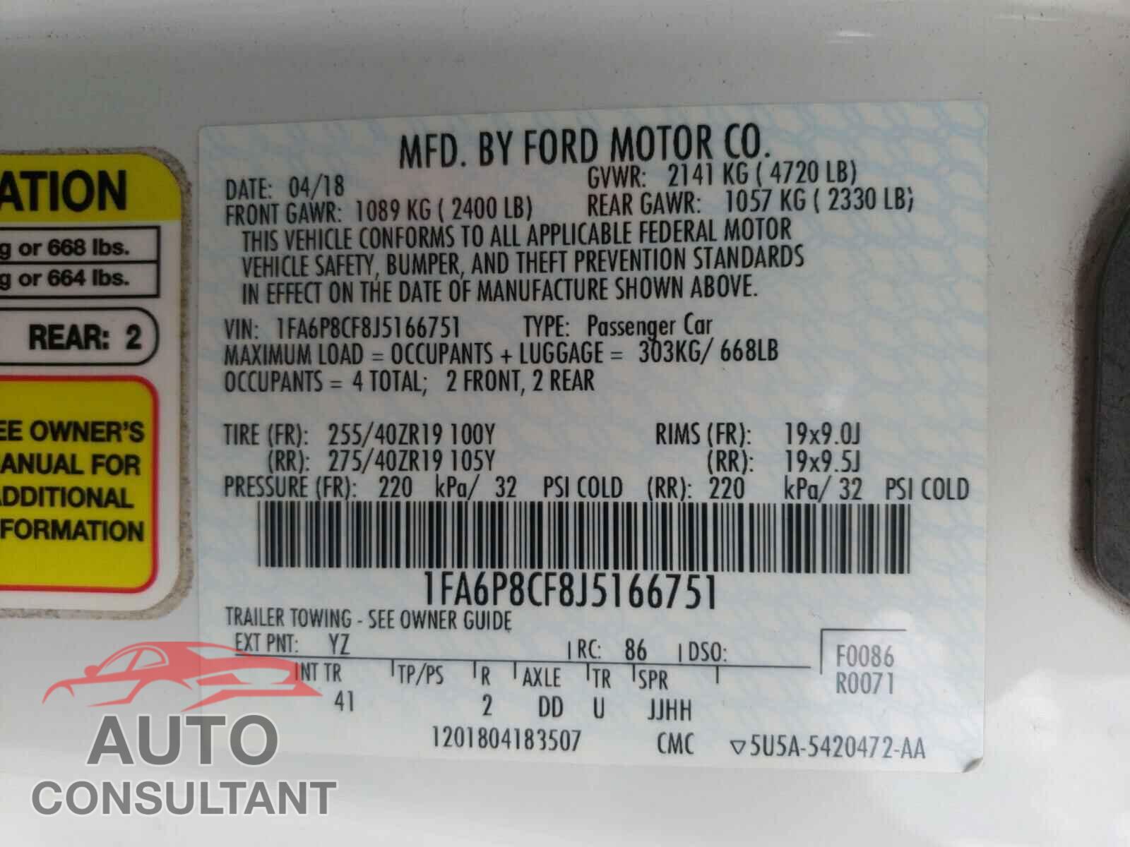 FORD MUSTANG 2018 - 1FA6P8CF8J5166751