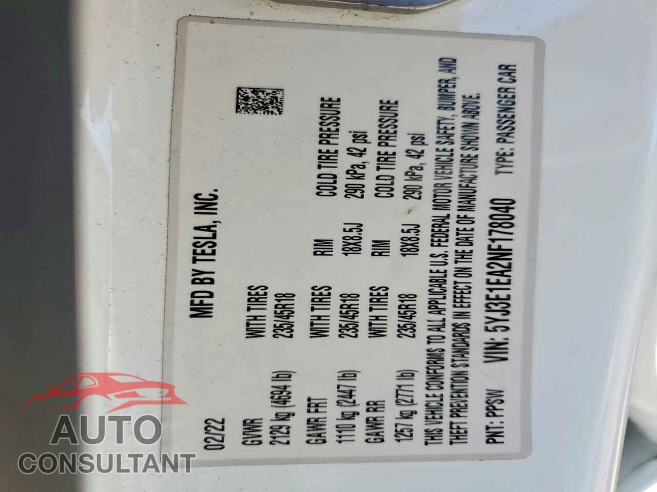 TESLA MODEL 3 2022 - 5YJ3E1EA2NF178040