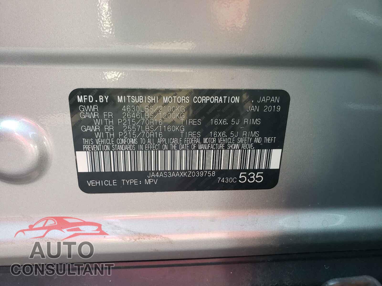 MITSUBISHI ECLIPSE 2019 - JA4AS3AAXKZ039758