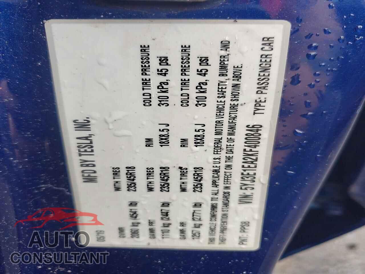 TESLA MODEL 3 2019 - 5YJ3E1EA2KF400846