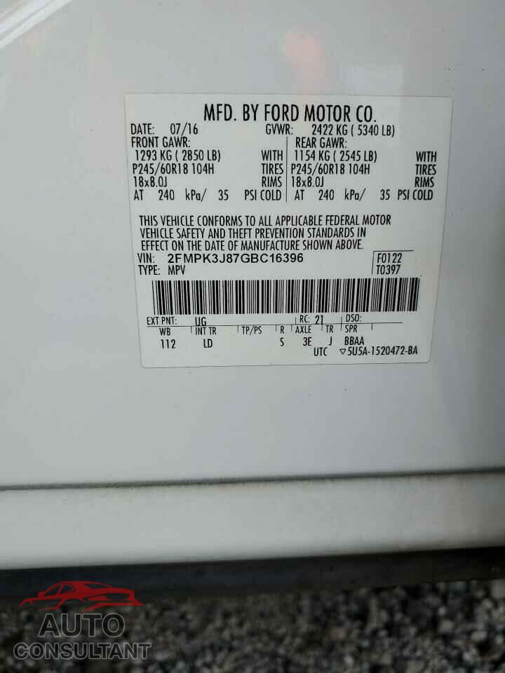FORD EDGE 2016 - 2FMPK3J87GBC16396