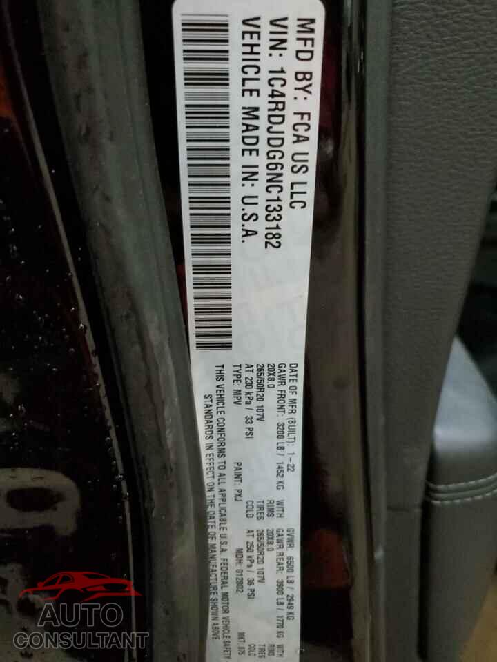 DODGE DURANGO 2022 - 1C4RDJDG6NC133182