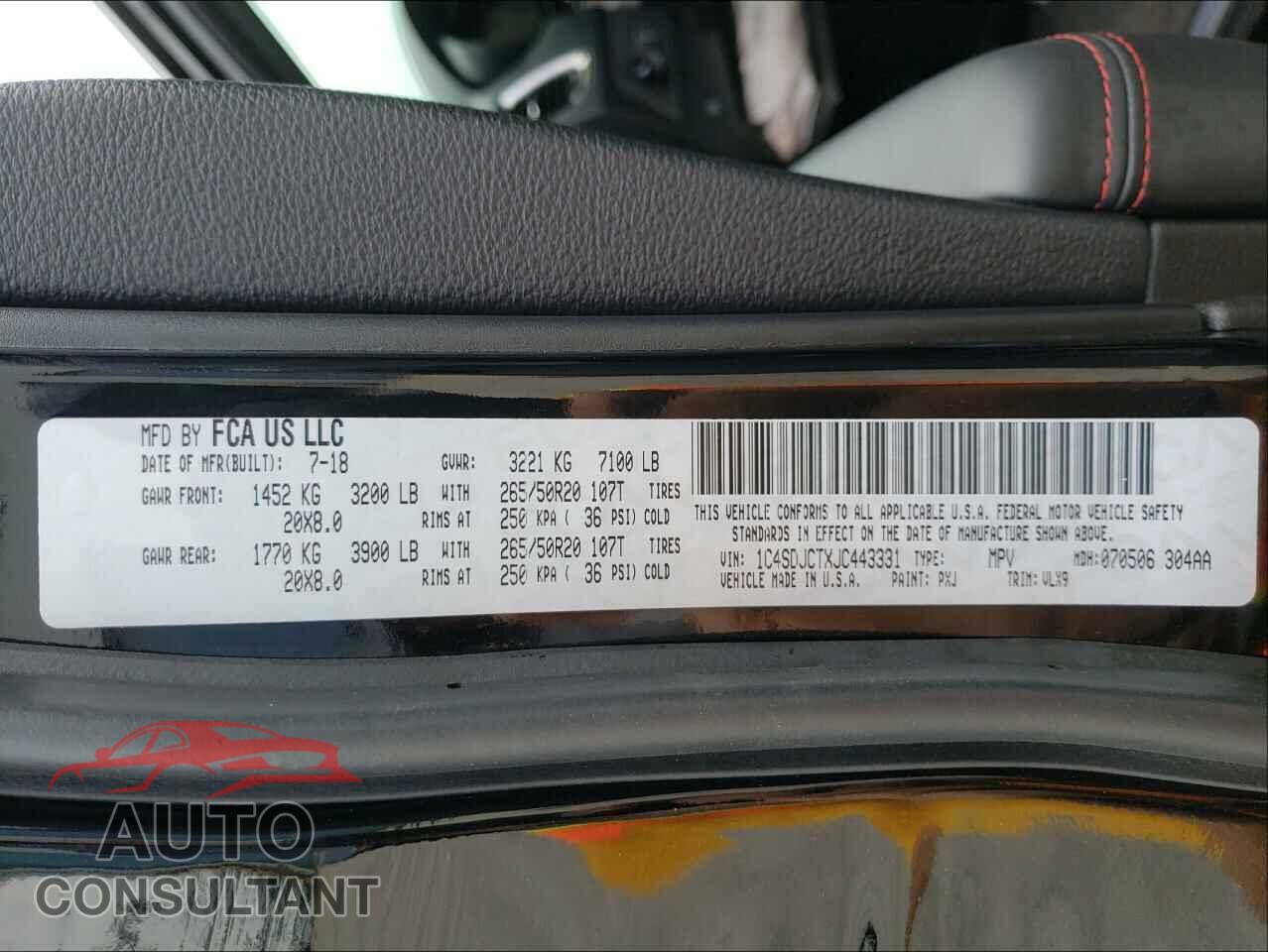 DODGE DURANGO 2018 - 1C4SDJCTXJC443331