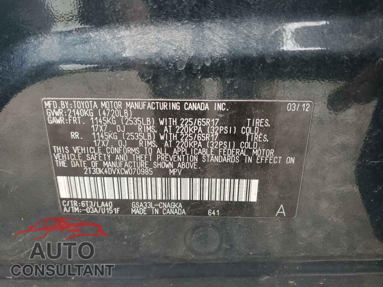 TOYOTA RAV4 2012 - 2T3DK4DVXCW070985
