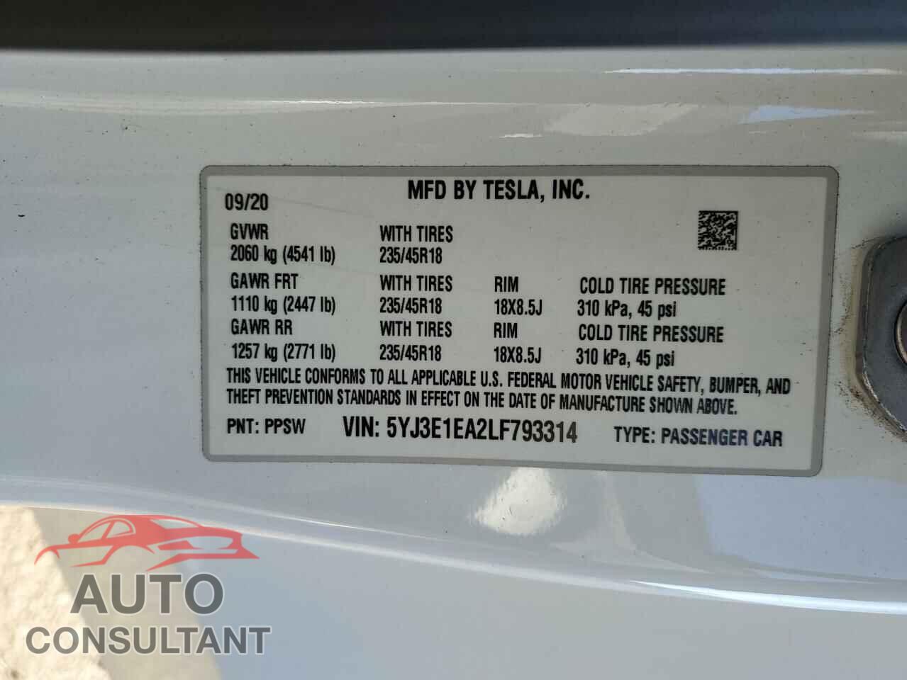 TESLA MODEL 3 2020 - 5YJ3E1EA2LF793314