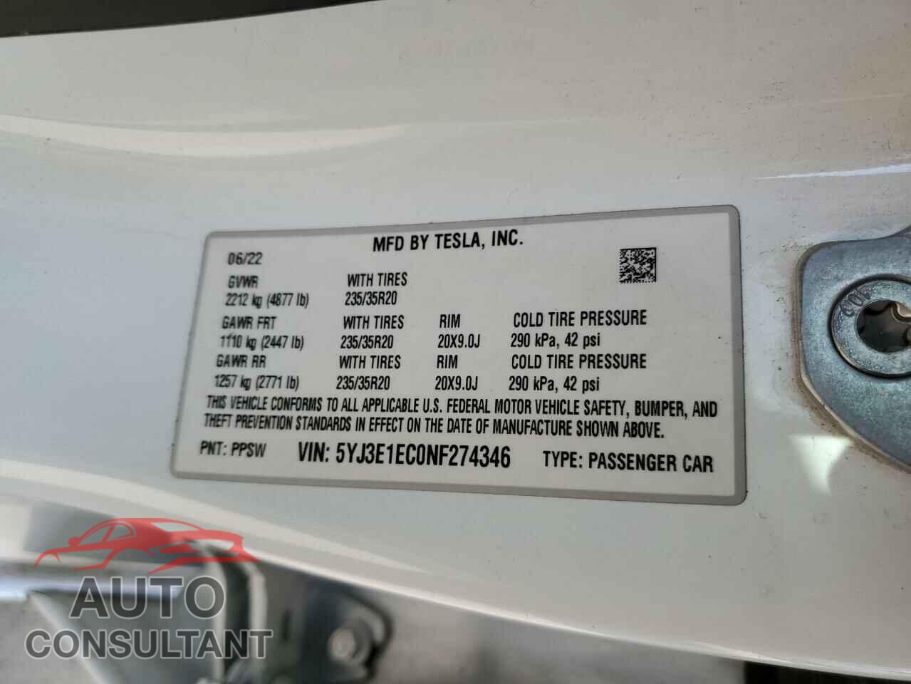 TESLA MODEL 3 2022 - 5YJ3E1EC0NF274346