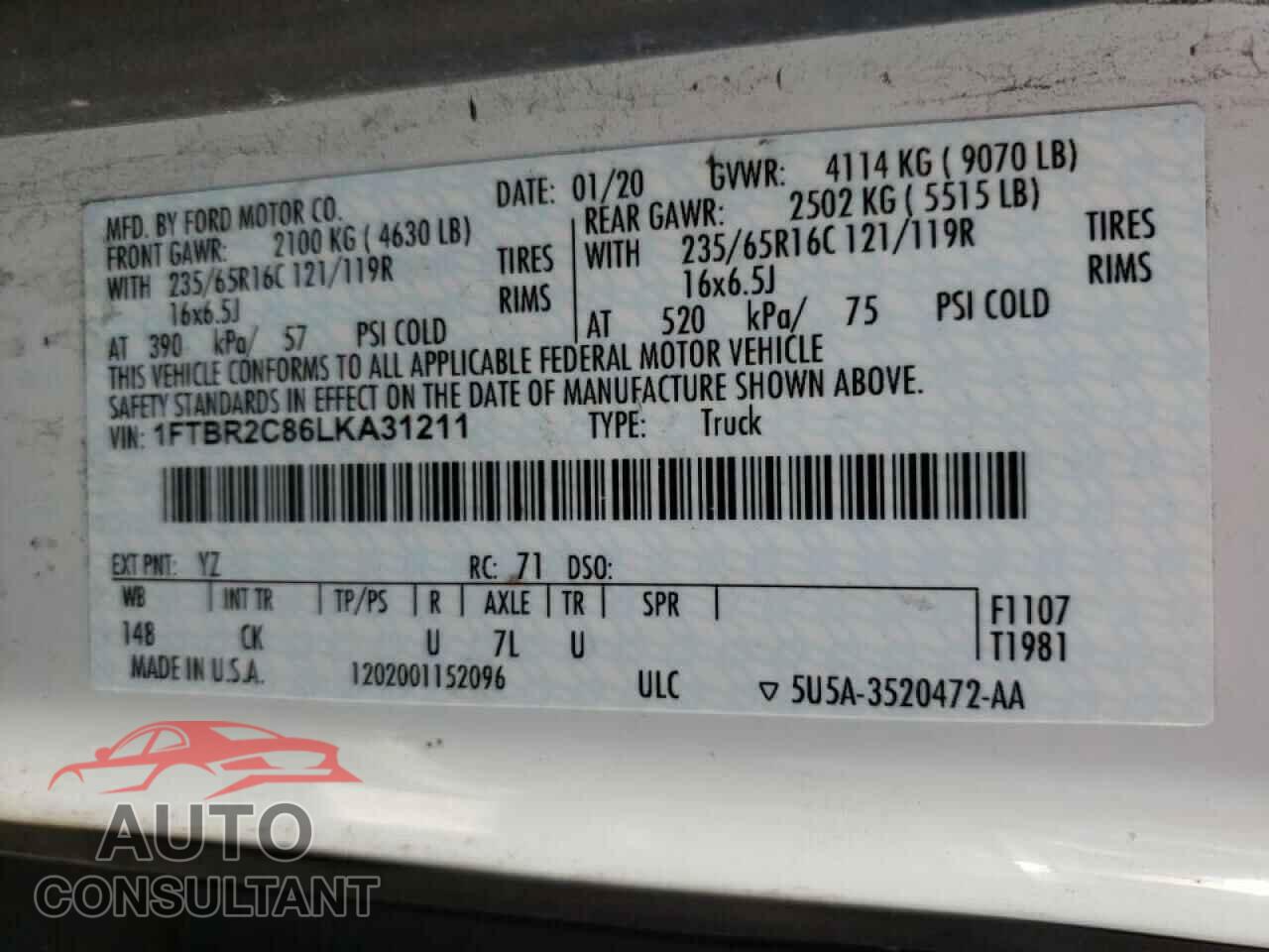 FORD TRANSIT CO 2020 - 1FTBR2C86LKA31211